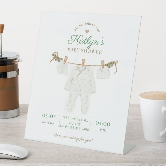 Beige en lichtgroene Baby shower uitnodiging Reclamebord Met Voetstuk (Insitu)