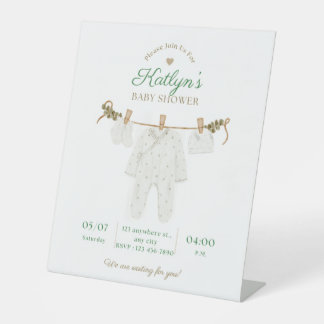 Beige en lichtgroene Baby shower uitnodiging Reclamebord Met Voetstuk