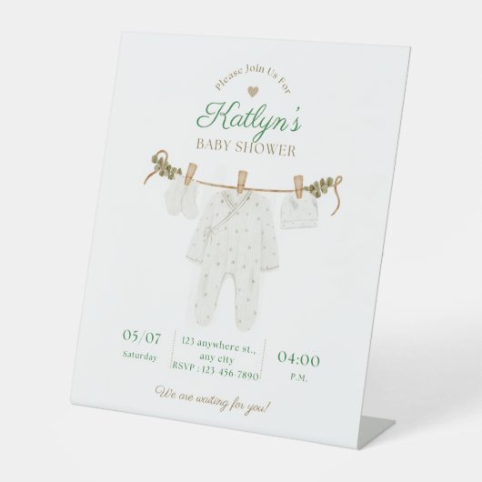 Beige en lichtgroene Baby shower uitnodiging Reclamebord Met Voetstuk (Voorkant)
