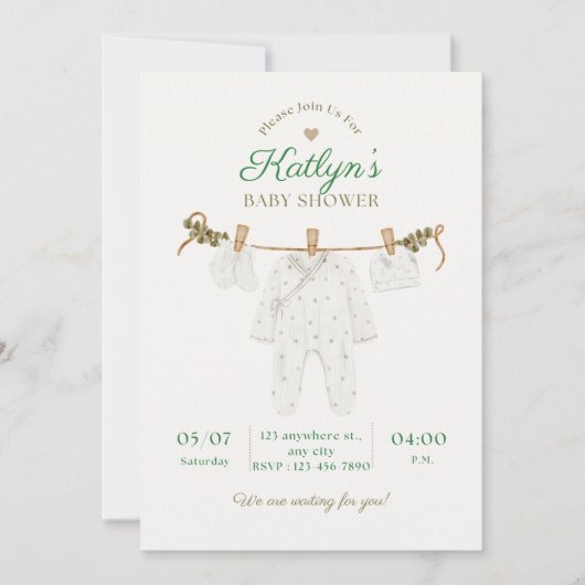 Beige en lichtgroene babyshower uitnodiging (Voorkant)