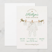Beige en lichtgroene babyshower uitnodiging (Voorkant / Achterkant)