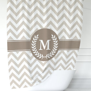 Beige en Mocha Chevron Monogrammed Initiaal Douchegordijn