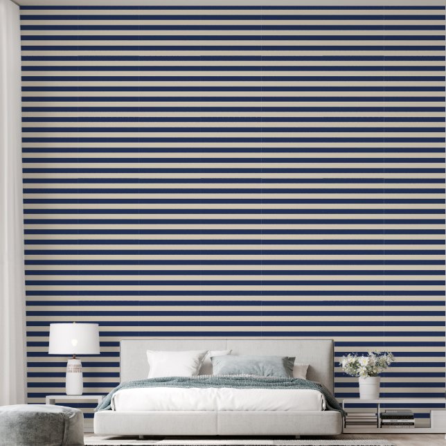 Beige en Navy blauwe nautische strepen Behang (Slaapkamer)