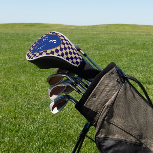 Beige en Navy Blue Checks met Initialen en nummer Golfheadcover (Insitu)
