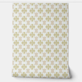 Beige en olijfgroene retro klaverpatroon op wit behang