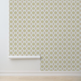 Beige en olijfgroene retro klaverpatroon op wit behang