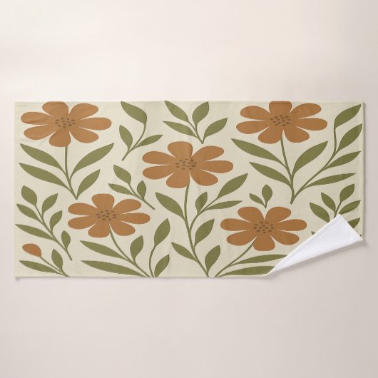 Beige en oranje bloemen badhanddoek (Badhanddoek)