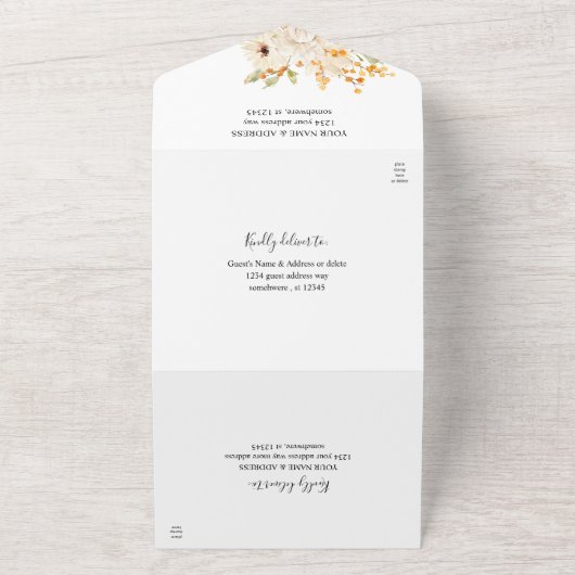 Beige en Oranje Floral All In One Uitnodiging (Buitenkant)