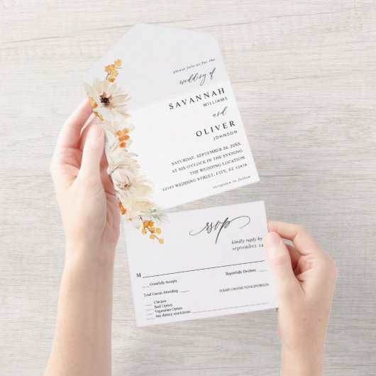 Beige en Oranje Floral All In One Uitnodiging (Afscheurbaar)