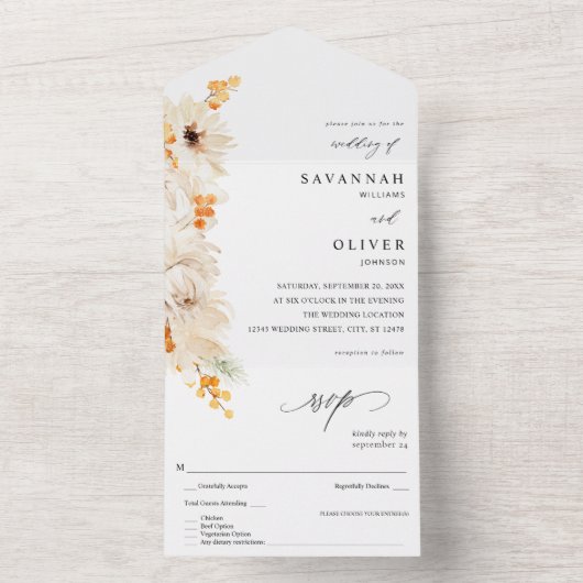 Beige en Oranje Floral All In One Uitnodiging (Binnen)