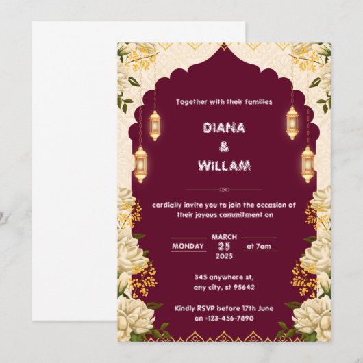 Beige en rode huwelijksuitnodiging kaart (Voorkant / Achterkant)