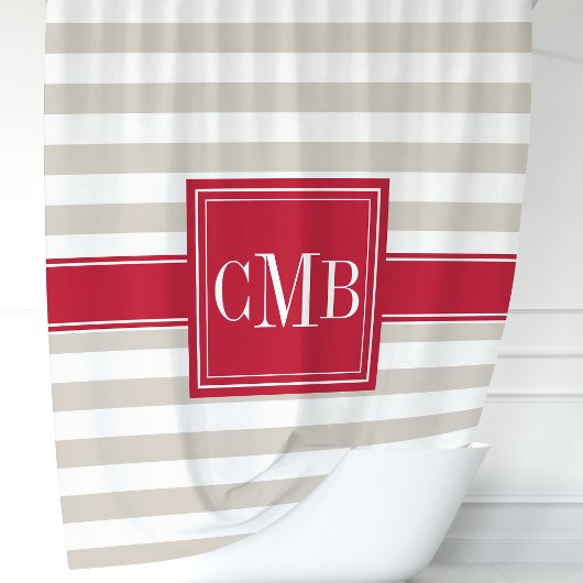 Beige en rode strepen monogram douchegordijn