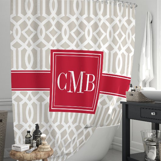 Beige en rode trellis monogram douchegordijn