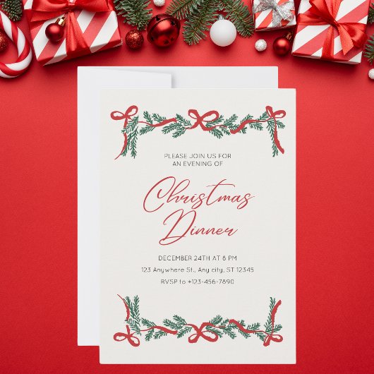 Beige en rode vintage kerstdiner kaart