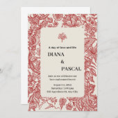 Beige en rood omrande vintage illustratie bruiloft kaart (Voorkant / Achterkant)