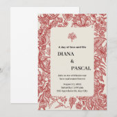 Beige en rood omrande vintage illustratie trouweri kaart (Voorkant / Achterkant)