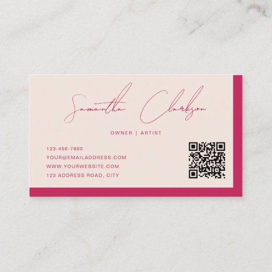 Beige en Roos rode handgeschreven QR-code voor scr Visitekaartje (Achterkant)