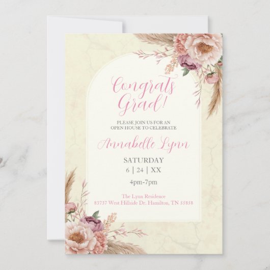 Beige en Roze Boho Waterverf Floral Afstuderen Kaart (Voorkant)