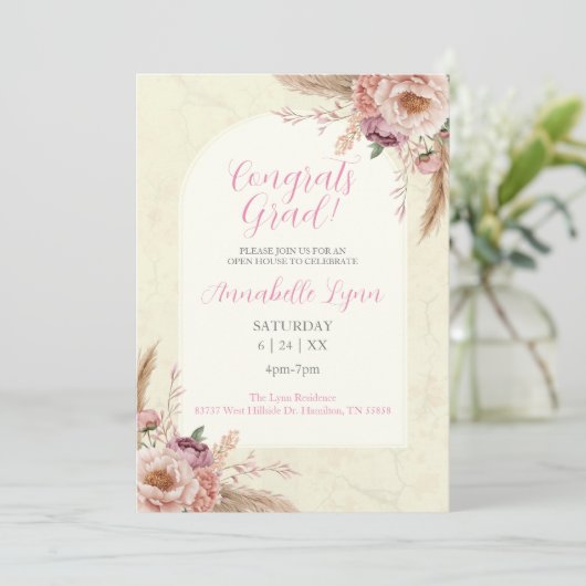 Beige en Roze Boho Waterverf Floral Afstuderen Kaart (Staand voorkant)