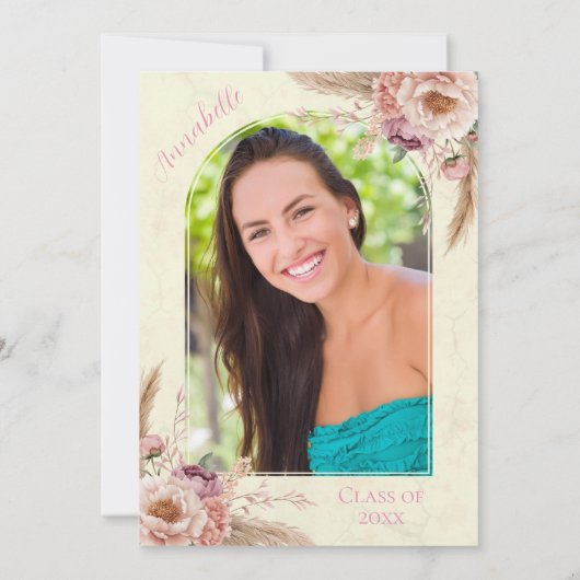 Beige en Roze Boho Waterverf Floral Afstuderen Kaart (Achterkant)