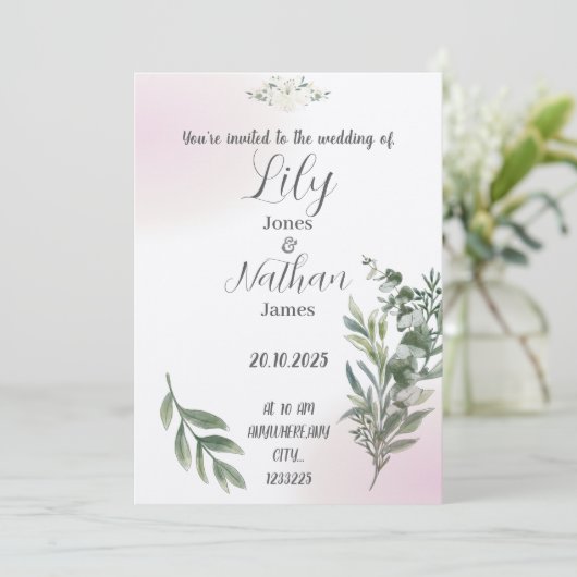 Beige en roze huwelijksuitnodiging sjabloon kaart (Staand voorkant)