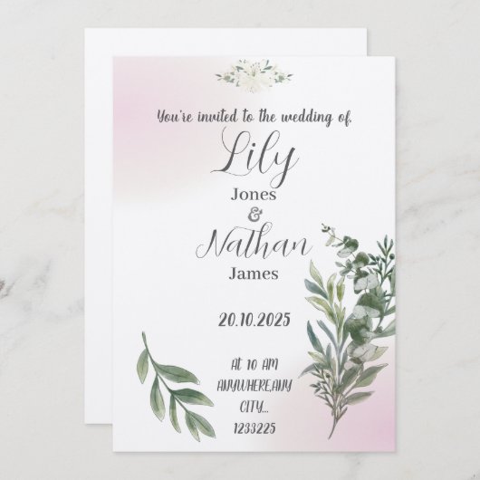 Beige en roze huwelijksuitnodiging sjabloon kaart (Voorkant / Achterkant)