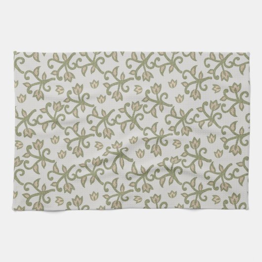 Beige en Sage Green Elegante Bloemrijke Vines Patt Theedoek (Horizontaal)