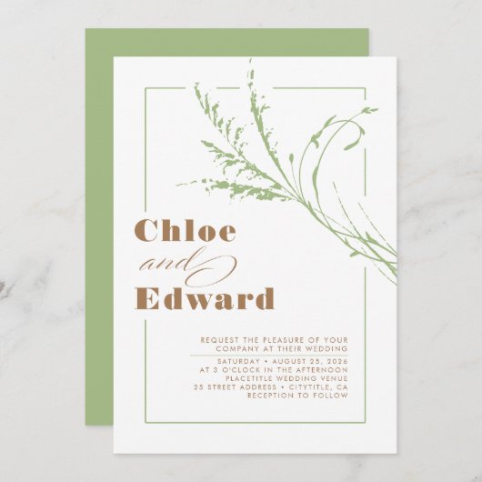 Beige en Sage Pampas Grass Minimalist Wedding Kaart (Voorkant / Achterkant)