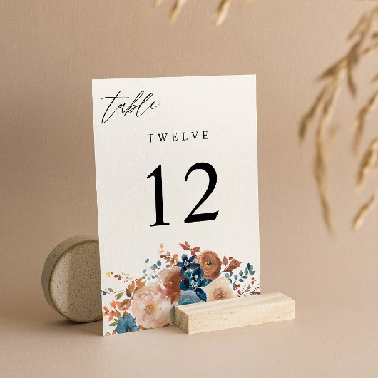 Beige en Stustblauw Floral Table Number V2 Kaart