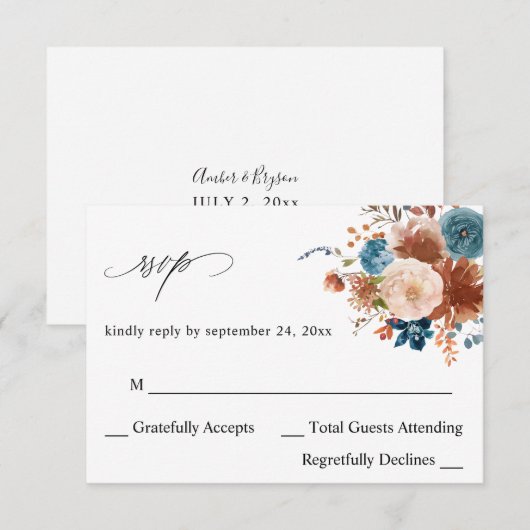 Beige en Stusty Blue Floral no Meal RSVP (Voorkant / Achterkant)