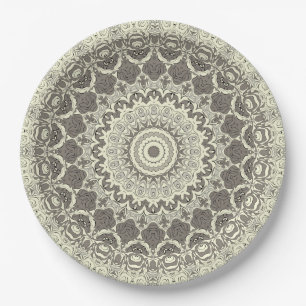 Beige en Taupe Mandala Patroonontwerp Papieren Bordje