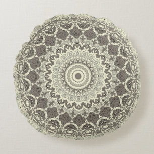 Beige en Taupe Mandala Patroonontwerp Rond Kussen