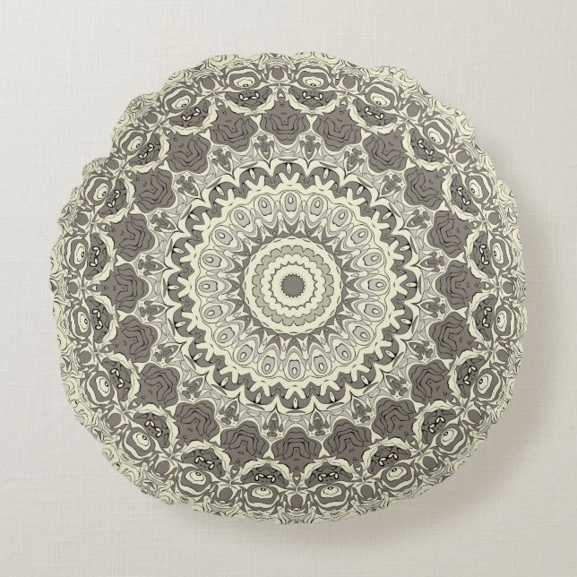 Beige en Taupe Mandala Patroonontwerp Rond Kussen (Voorkant)