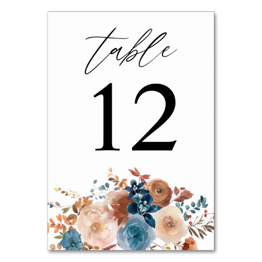 Beige en usty Blue Floral Table Number Kaart (Achterkant)