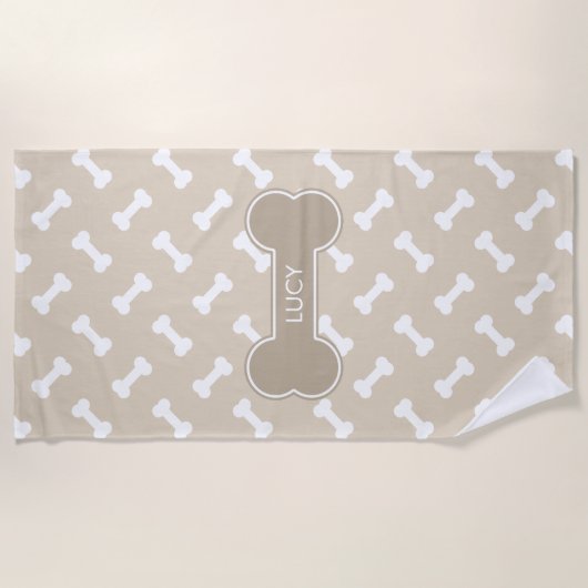 Beige en White Dog Botten Pattern met Custom Name Strandlaken (Voorkant)