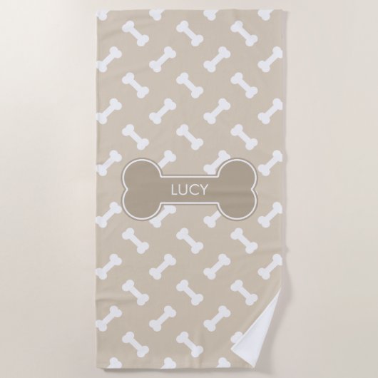 Beige en White Dog Botten Pattern met Custom Name Strandlaken (Voorkant)