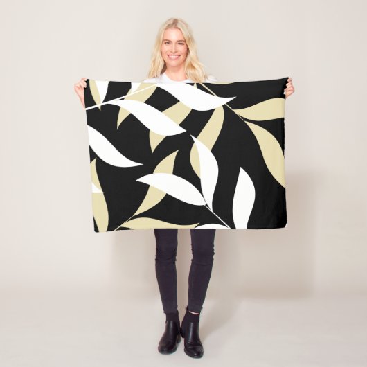 Beige en wit bladpatroon fleece deken (In situ)
