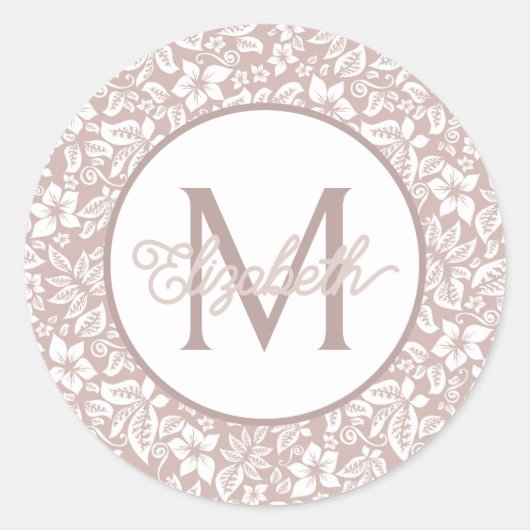 Beige en witte bloemenmonogram ronde sticker (Voorkant)