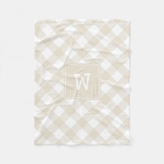 Beige en witte diagonale geruite boerderijmonogram fleece deken (Voorkant)