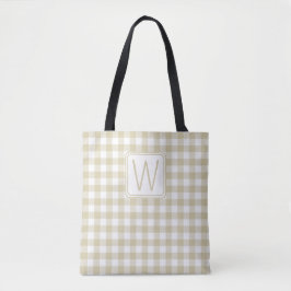 Beige en witte geruite monogram tote bag
