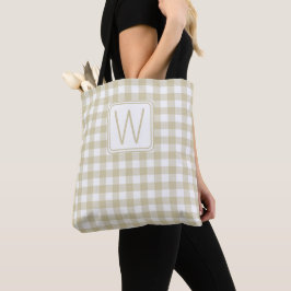Beige en witte geruite monogram tote bag