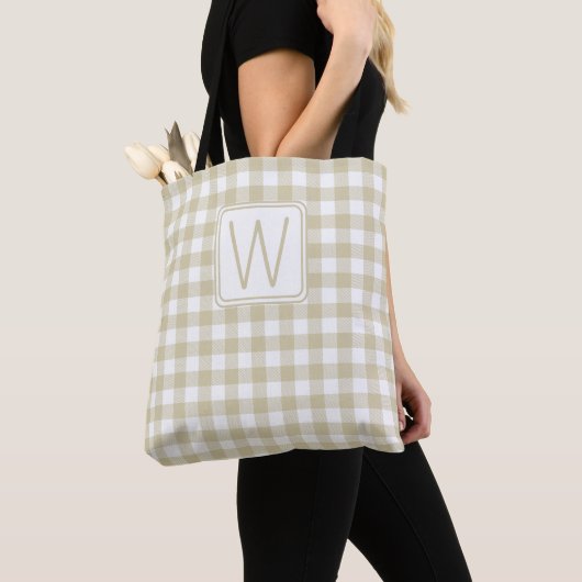Beige en witte geruite monogram tote bag (Dichtbij)