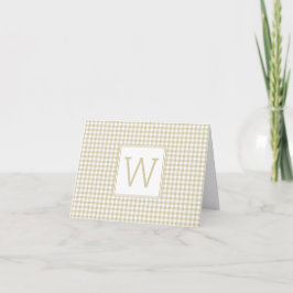 Beige en witte Gingham Plaid Monogram Notitiekaartje
