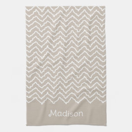 Beige En Witte Golvende Chevron Zigzag Met Naam Theedoek