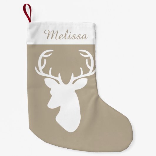 Beige en witte herten kop met aangepaste naam kleine kerstsok (Voorkant)