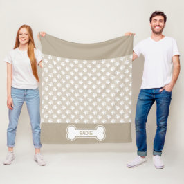 Beige En Witte Hond Pootafdrukken En Bot Met Naam Fleece Deken