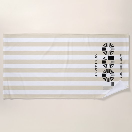 Beige en witte klassieke streep Logo Strandlaken (Voorkant)