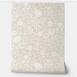 Beige en Witte Pioenrozen Handgetekende Bloemen Behang