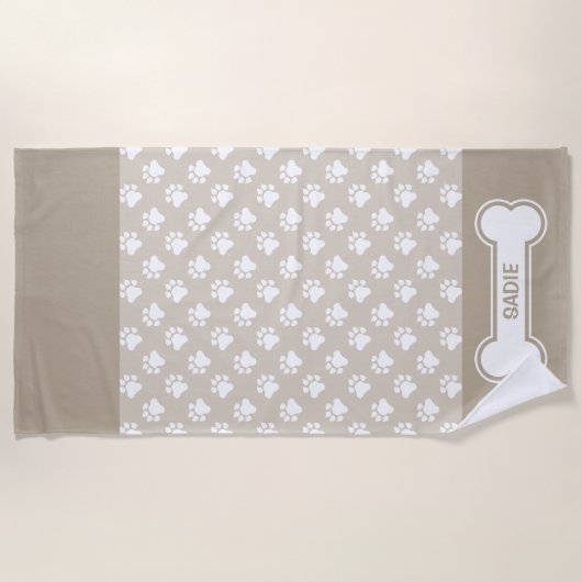 beige en witte reuen en bonen met naam strandlaken (Voorkant)