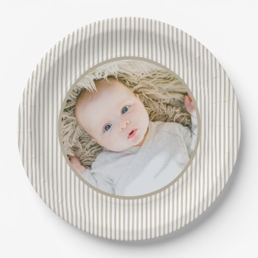 Beige en witte streep papieren bordje (Voorkant)